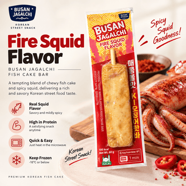 Busan Jagalchi Fish Cake Bar 3 Flavors 60g | Halal Korean Street Food Snack | Frozen | Quick & Easy Microwave