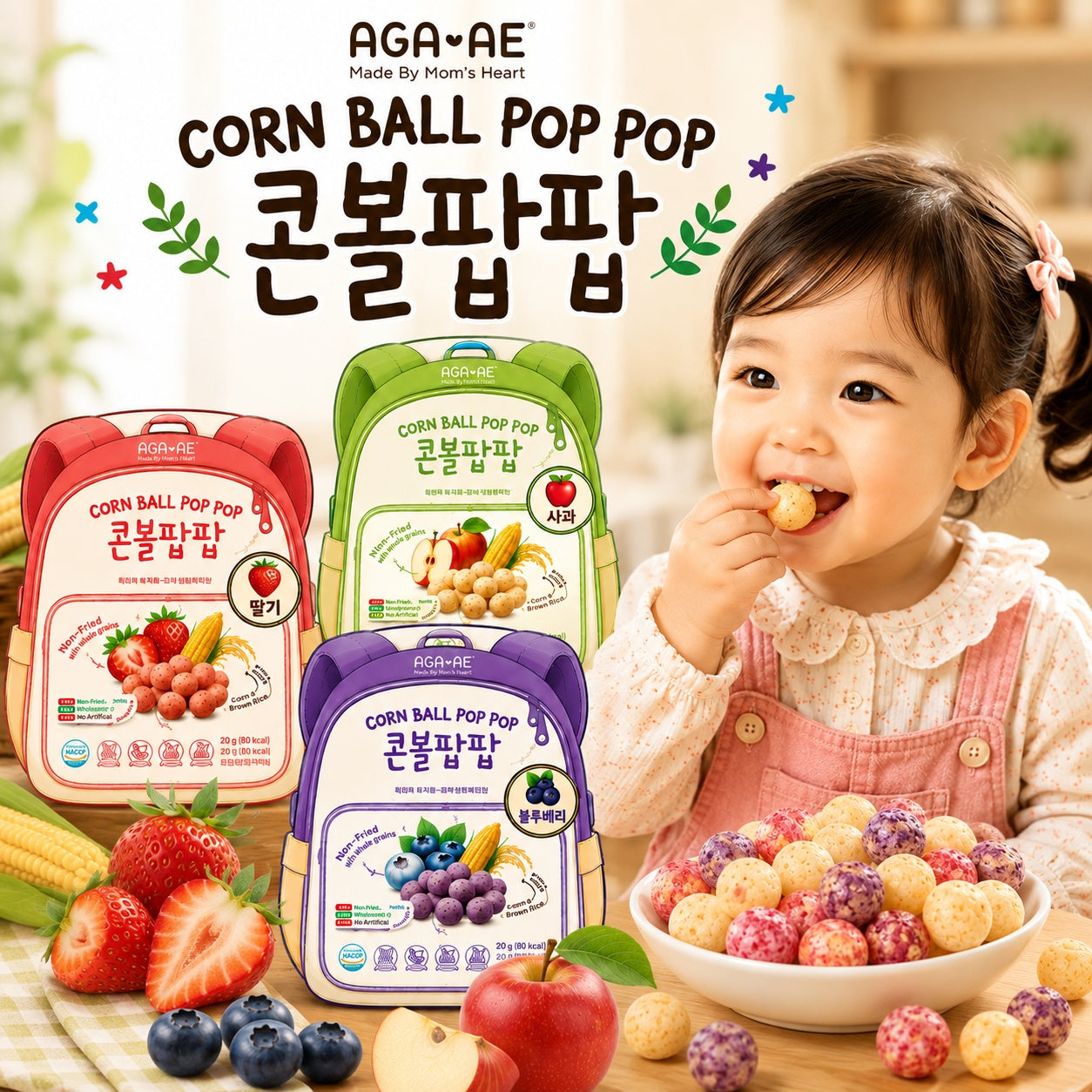 [AGE][Bayby Snack] Corn Ball Poppop (Apple/Blueberry/Strawberry)20g 아가애 콘볼 팝팝 (사과/블루베리/딸기)20g