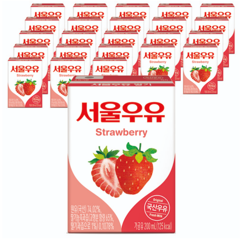 Seoul Milk Sterilized Seoul Milk Strawberry Flavored 200ml x 24 packs  /서울 우유 딸기맛 200ml x 24 팩