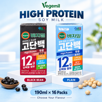 [Vegemil] High Protein Soy Milk (Plain/Black Bean) 190ml × 16 Packs  [베지밀] 고단백 두유 (플레인 / 검은콩) 190ml × 16팩